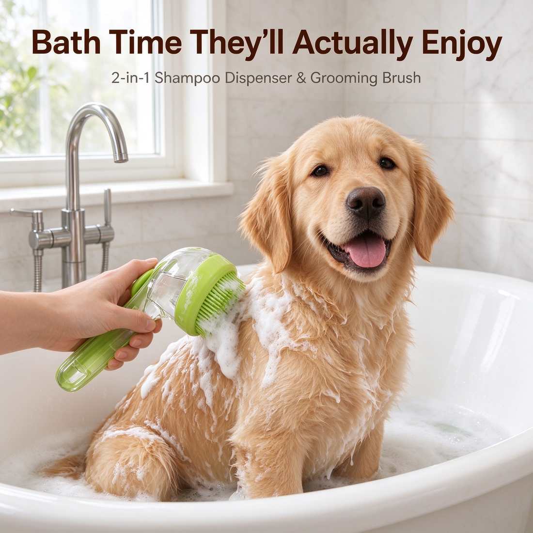 2-in-1 Pet Shampoo &amp; Grooming Brush with Soap Dispenser