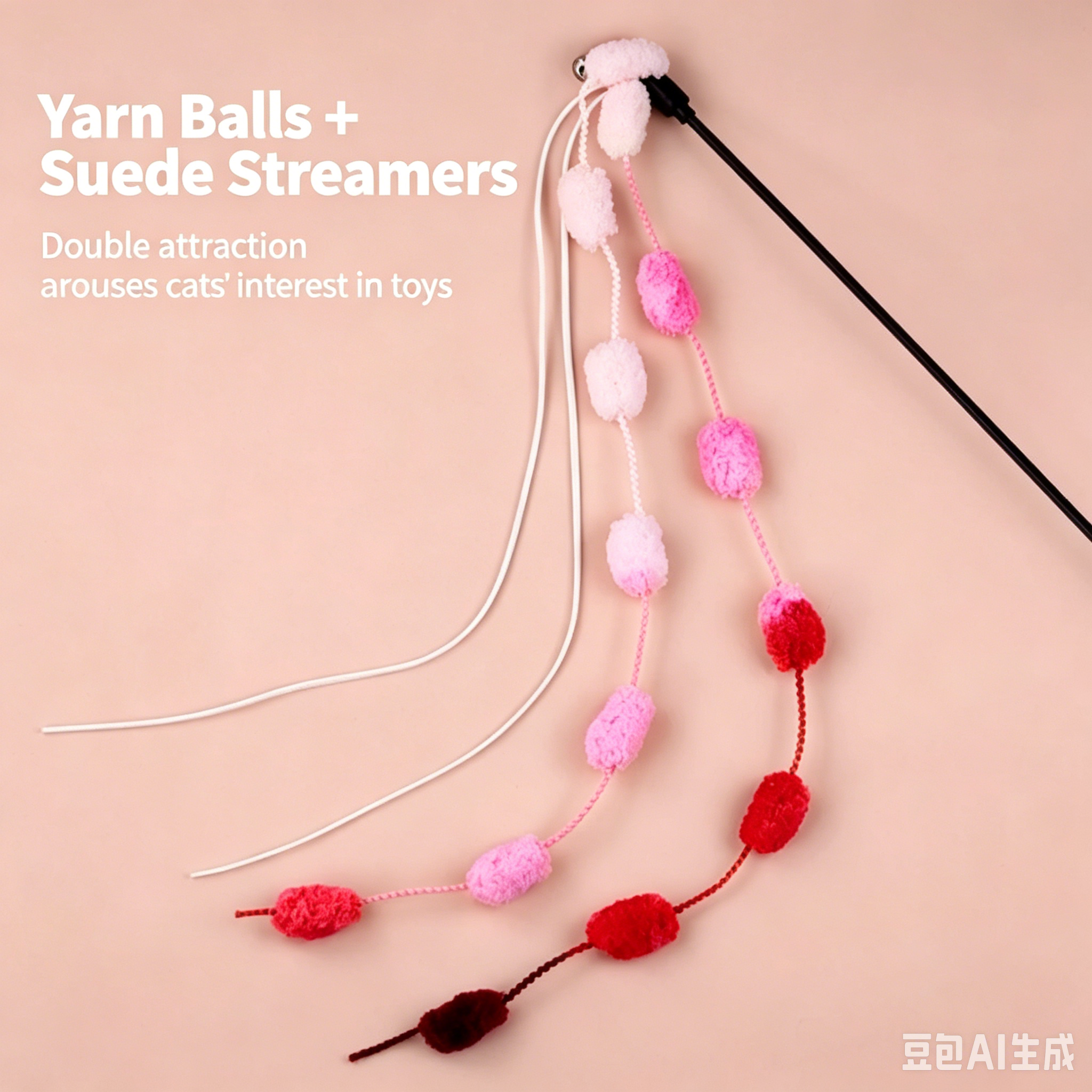 Long Handle Rainbow Cotton Cat Teaser Wand with Bell Tassel