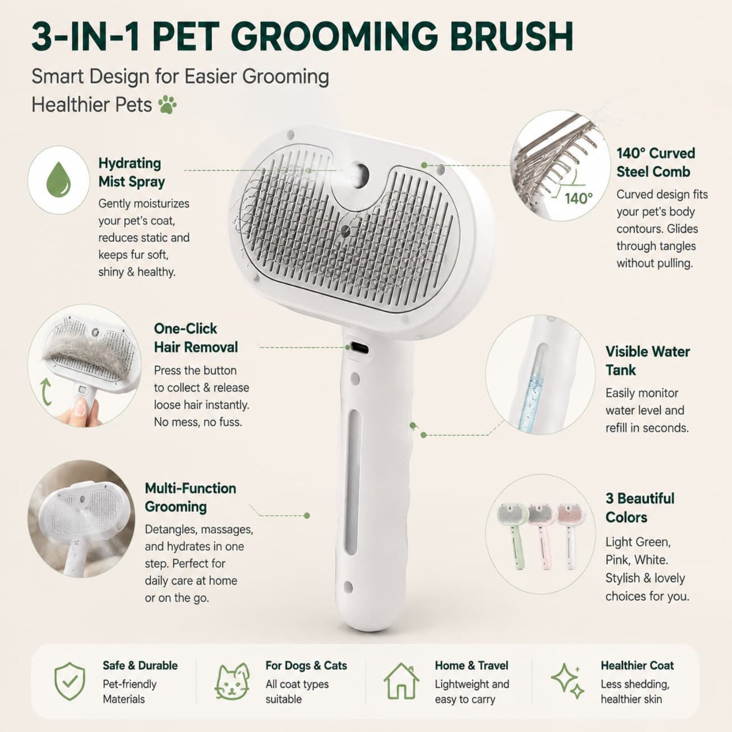 3-in-1 electric pet grooming brush with spray, one-click hair removal detail