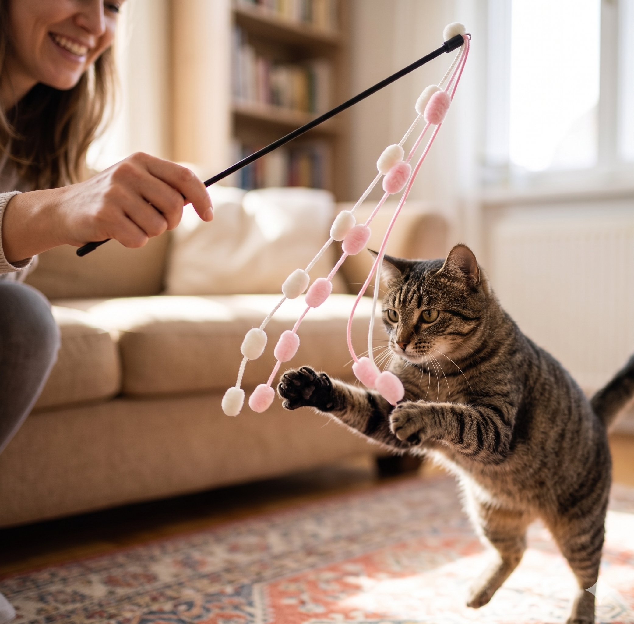 Long Handle Rainbow Cotton Cat Teaser Wand with Bell Tassel