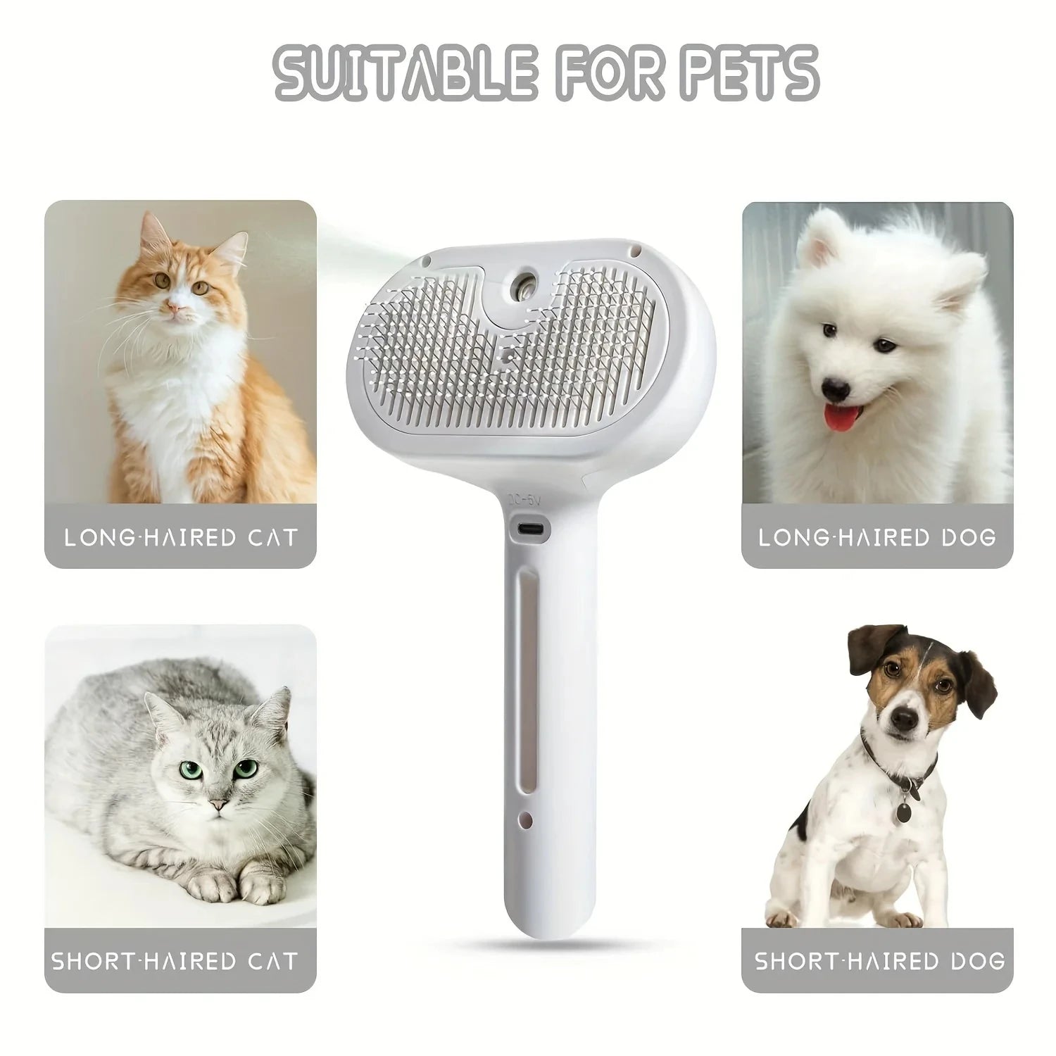 3-in-1 electric pet grooming brush with spray, curved comb detail