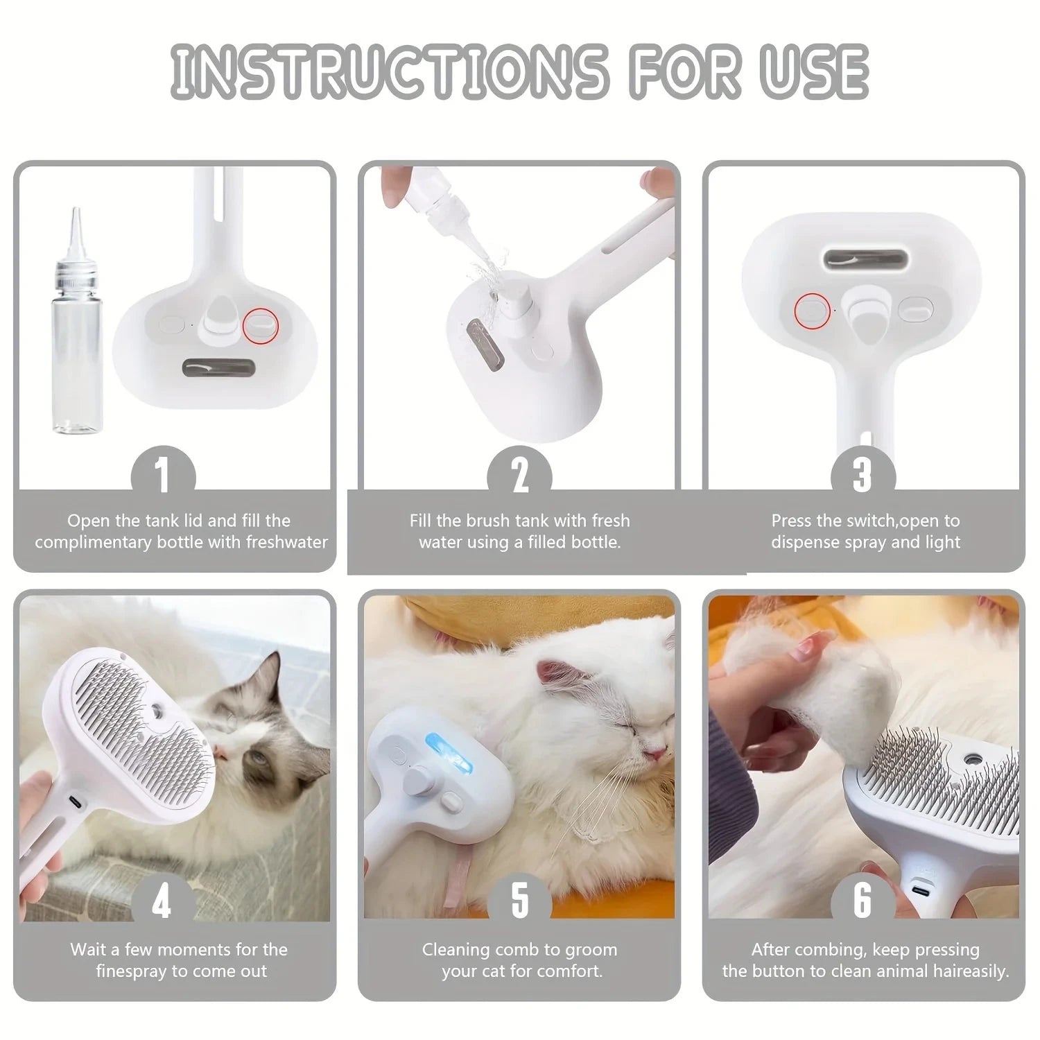 3-in-1 electric pet grooming brush with spray, grooming comb detail