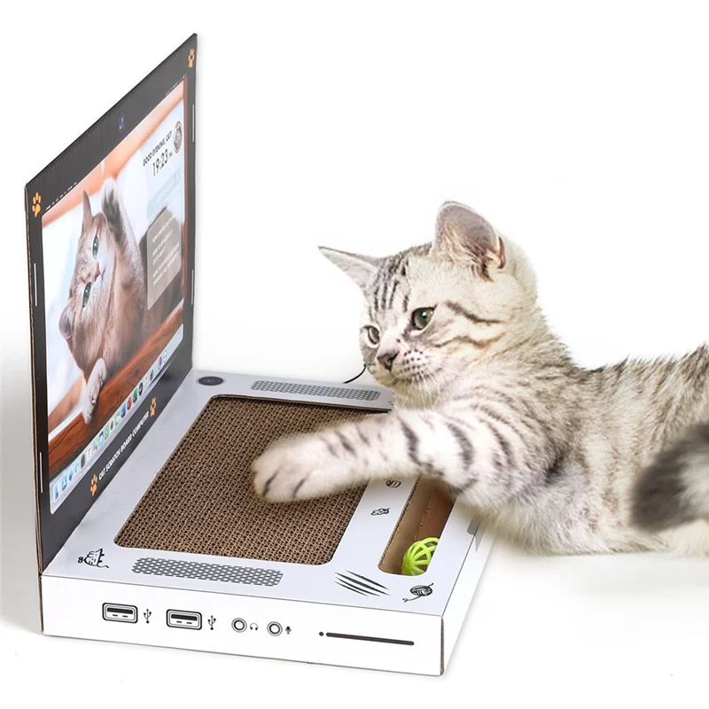 Cat Cardboard Scratching Laptop with Interactive Mouse Toy