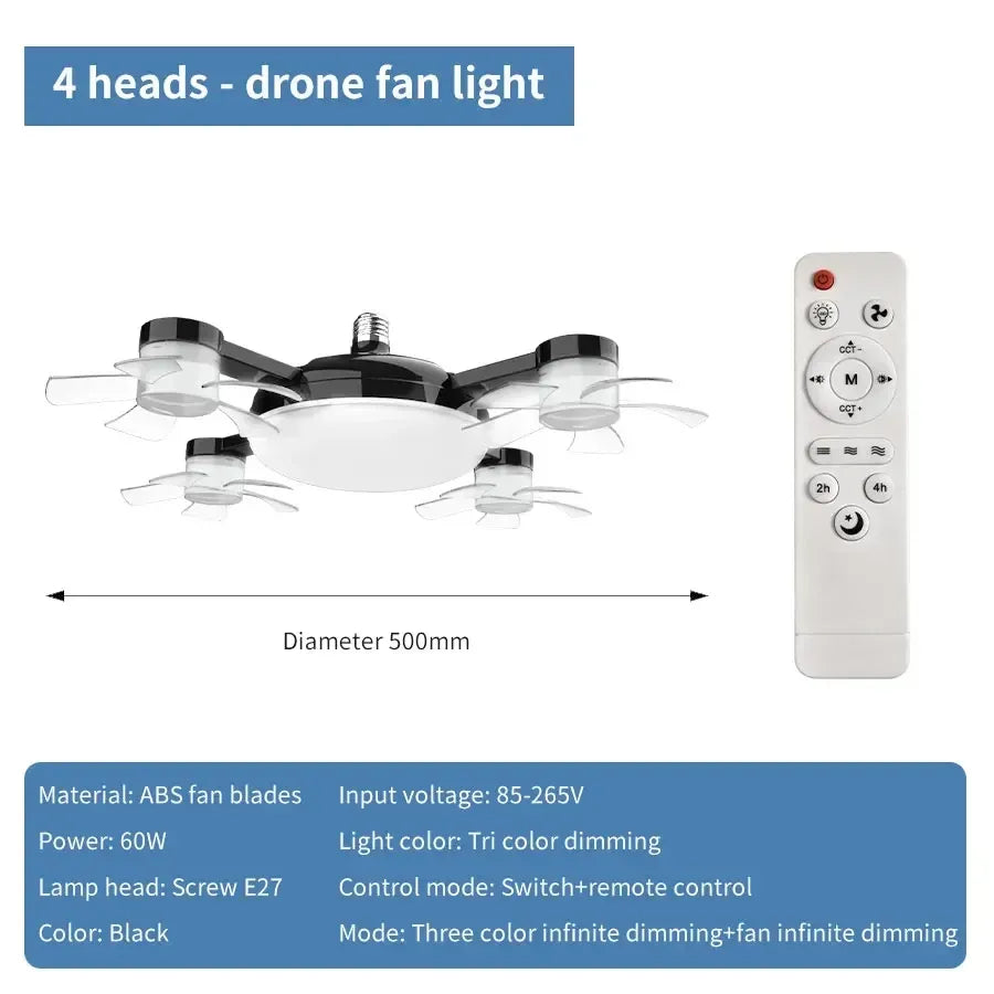 E27 Ceiling Fan Light 2-in-1 - 60W Dimmable LED Bulb with Remote Control - Quiet, No-Wiring Fan for - additional product view