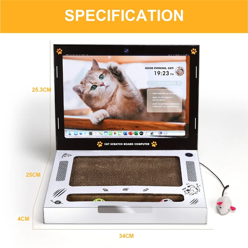 Cat Cardboard Scratching Laptop with Interactive Mouse Toy