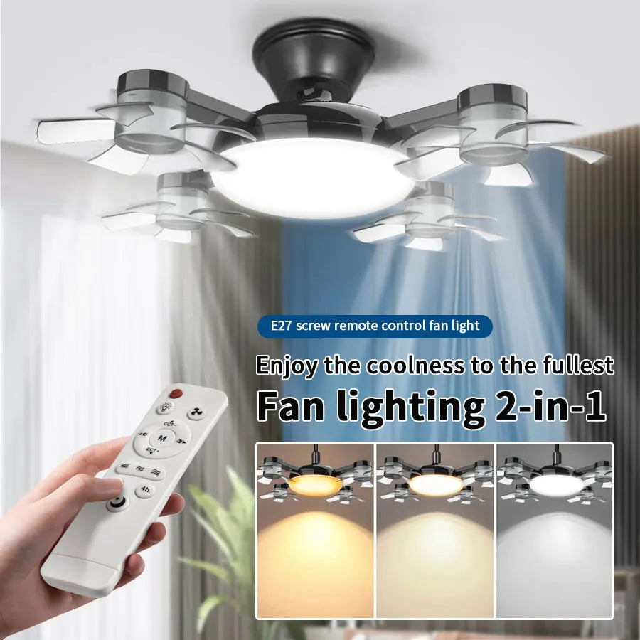 E27 Ceiling Fan Light 2-in-1 - 60W Dimmable LED Bulb with Remote Control - Quiet, No-Wiring Fan for H - close-up product view