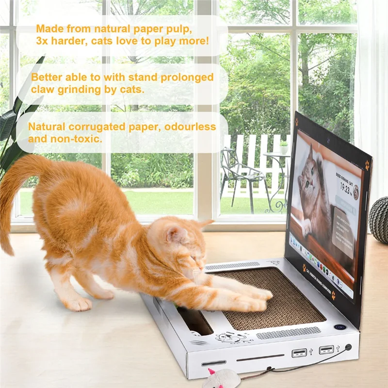 Cat Cardboard Scratching Laptop with Interactive Mouse Toy
