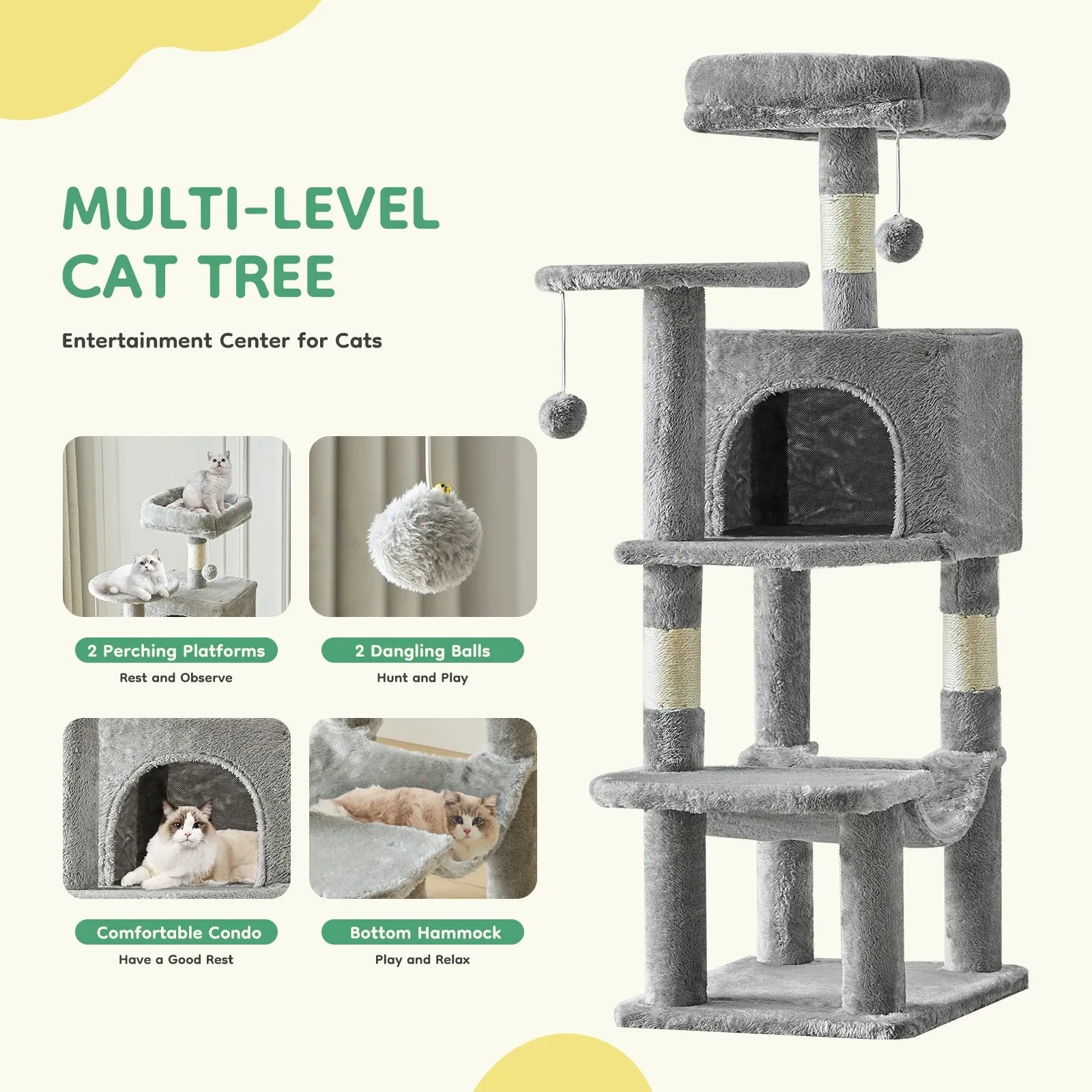 PetNest 44" Multi-Cat Climbing Tower with Sisal Scratching Posts, Hammock & Condo - alternate product view