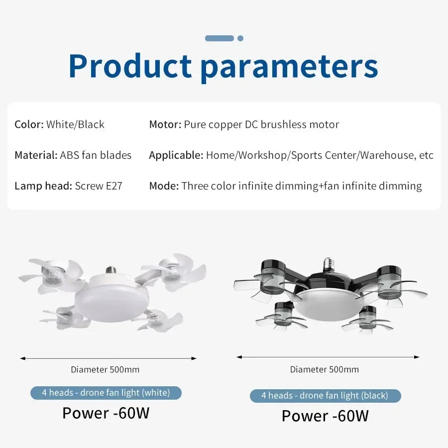 E27 Ceiling Fan Light 2-in-1 | 60W Dimmable LED Bulb with Remote Control | Quiet, No-Wiring Fan for Home & Restaurant（Free Shipping）