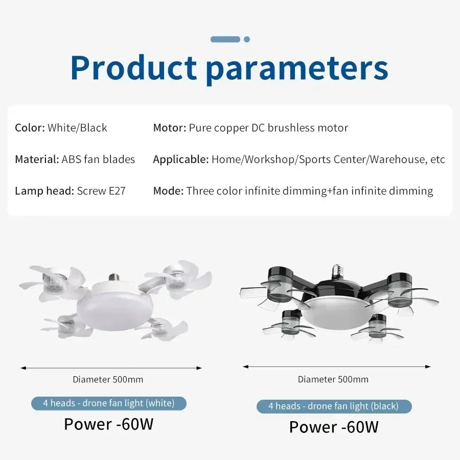 E27 Ceiling Fan Light 2-in-1 - 60W Dimmable LED Bulb with Remote Control - Quiet, No-Wiring Fan for Ho - product presentation
