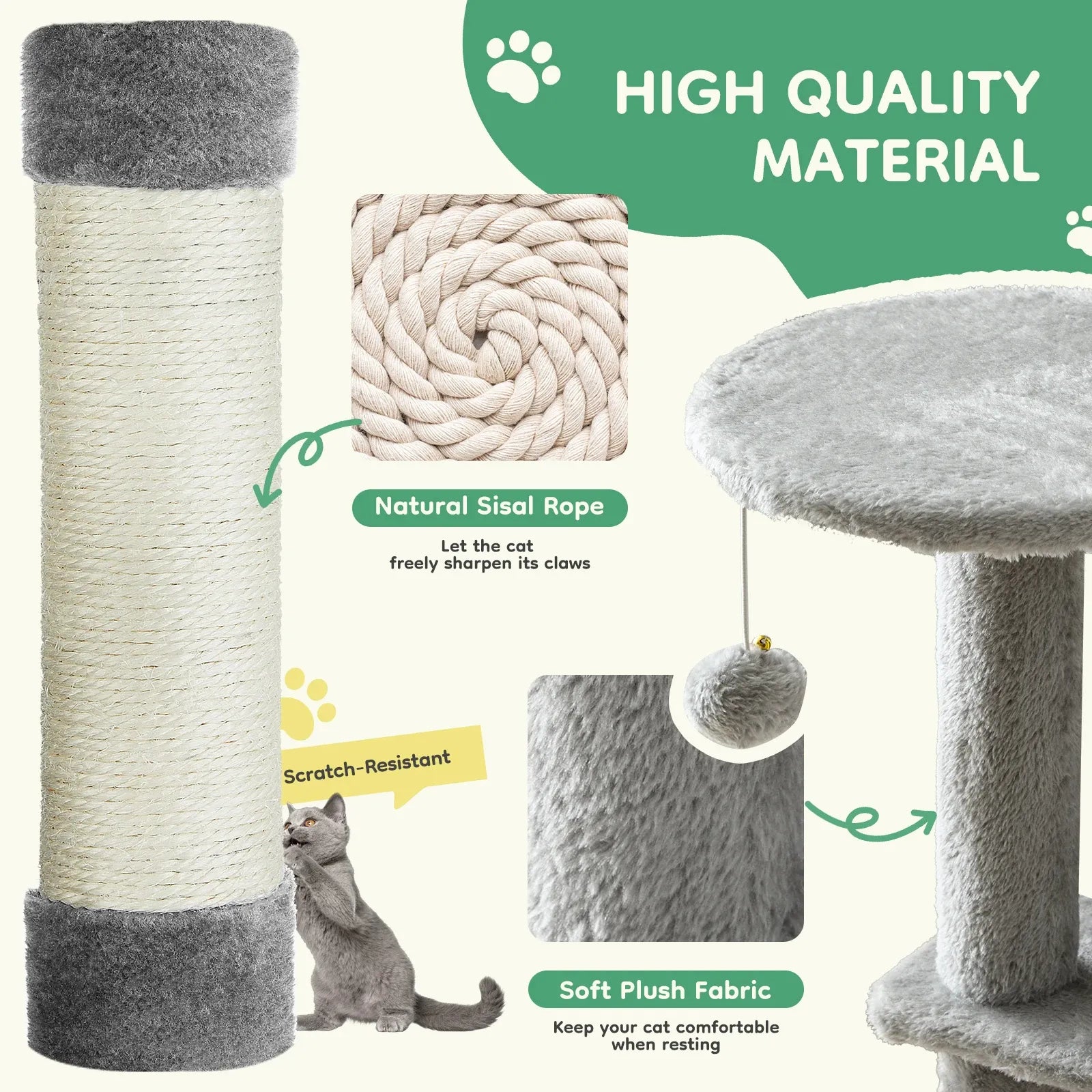 PetNest 44" Multi-Cat Climbing Tower with Sisal Scratching Posts, Hammock & Condo - close-up product view