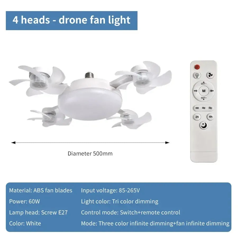 E27 Ceiling Fan Light 2-in-1 - 60W Dimmable LED Bulb with Remote Control - Quiet, No-Wiring Fan for - additional detail view