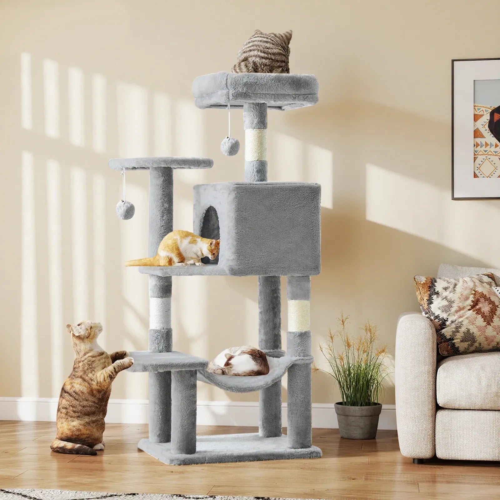 PetNest 44" Multi-Cat Climbing Tower with Sisal Scratching Posts, Hammock & Condo - product detail view