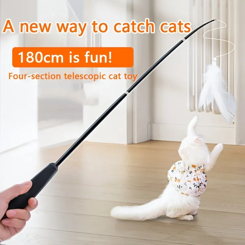 Telescopic Cat Wand Toy with Feathers & Bells - Retractable Interactive Teaser for Kittens & Adult Cats - product detail view