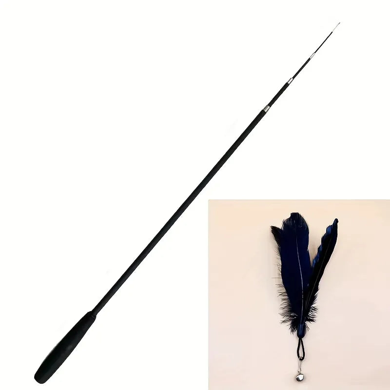 Telescopic Cat Wand Toy with Feathers & Bells - Retractable Interactive Teaser for Kittens & Adult Ca - close-up product view